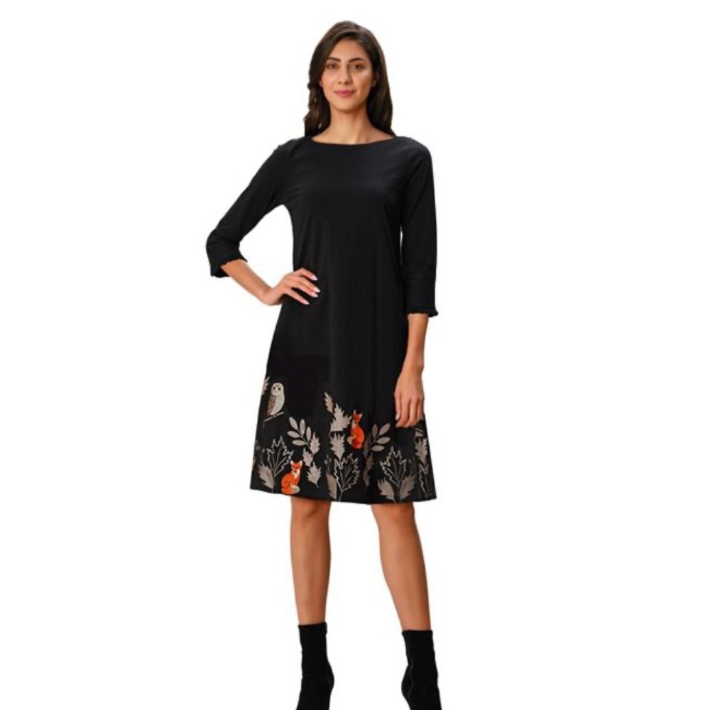 Eshakti Fox And Owl Midi Embroidery Cotton Jersey Dress Size Small Autumn Dress